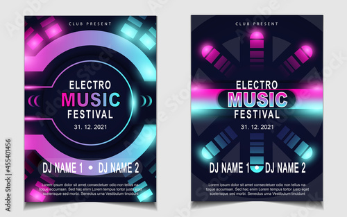Cover music poster flyer design template background with colorful dark blue glitters style. Light electro vector for event festival concert, dancing, disco, night club invitation