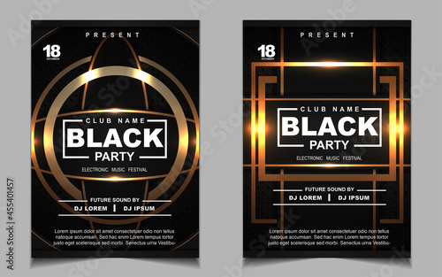 Cover music poster flyer design template background with layout gold glitters color on dark style. Light electro vector for event festival concert, dancing, disco, night club invitation