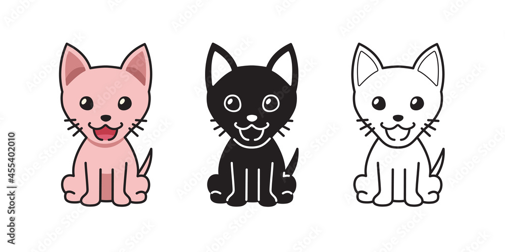 Vector cartoon set of character sphynx cat for design.