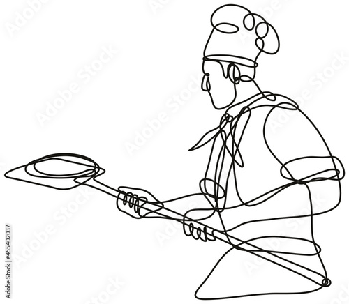 Continuous line drawing illustration of a pizza baker chef or cook holding peel done in mono line or doodle style in black and white on isolated background. 