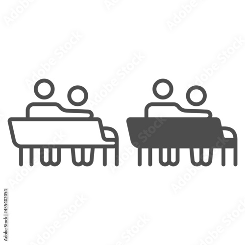 couple sit on bench line and solid icon, love and relationship concept, man and woman on bench vector sign on white background, outline style icon for mobile concept and web design. Vector graphics.