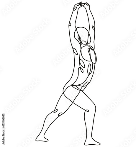 Continuous line drawing illustration of a nude male human figure standing and stretching his arms viewed from side done in mono line or doodle style in black and white on isolated background. 