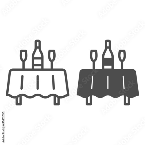 Table with wine bottle and glasses line and solid icon, dating and relationship concept, dinner vector sign on white background, outline style icon for mobile concept and web design. Vector graphics.