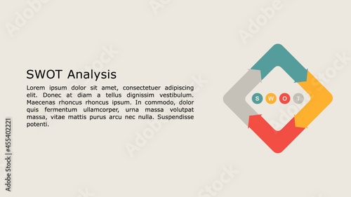 SWOT Analysis infographic template used to help a person or an origination to identify strengths, weaknesses, opportunities and threats regarding the business competition or project planning.