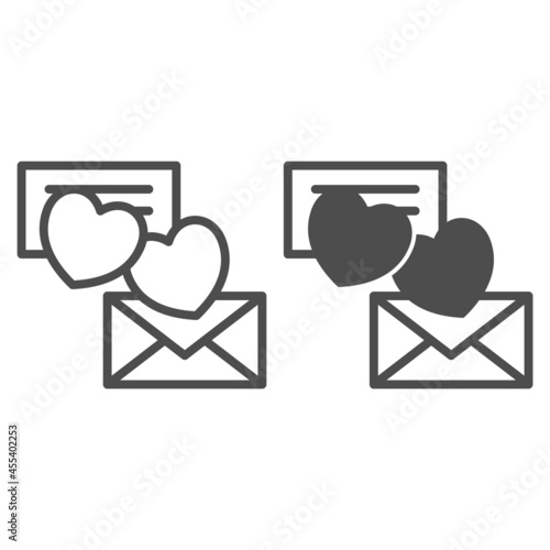 Love letter envelope and hearts line and solid icon, dating and relationship concept, message vector sign on white background, outline style icon for mobile concept and web design. Vector graphics.