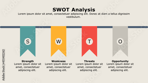 SWOT Analysis infographic template used to help a person or an origination to identify strengths, weaknesses, opportunities and threats regarding the business competition or project planning.