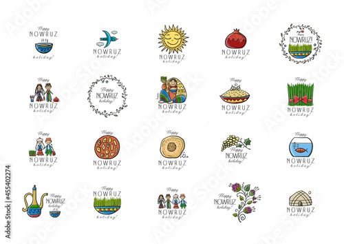 Nowruz, holiday of arrival of spring. Holiday symbols, people, food, customs and traditions. Icons set for your design