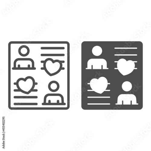 Dating questionnaire with hearts line and solid icon, love and relationship concept, date form vector sign on white background, outline style icon for mobile concept and web design. Vector graphics.