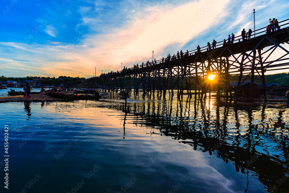 Beautiful sunset scene at old an long wooden bridge at Sangklaburi,Kanchanaburi province, Thailand