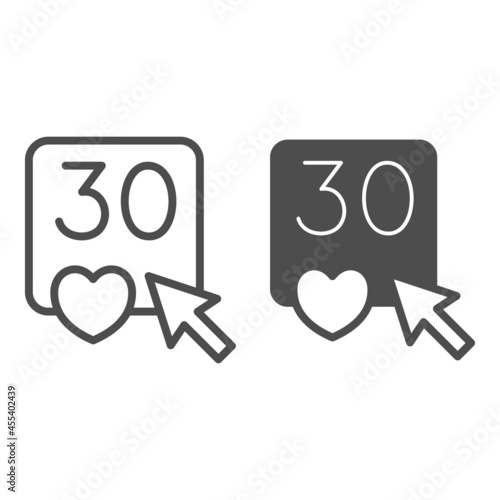 Click on number 30 and heart line and solid icon, dating and relationship concept, love thirty vector sign on white background, outline style icon for mobile concept and web design. Vector graphics.
