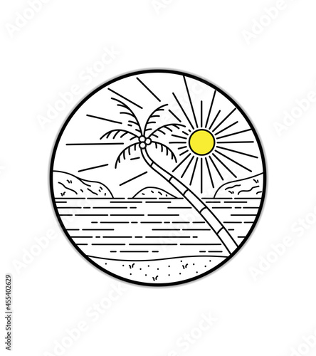 Summer beach in mono line art, patch badge design, emblem design, T-Shirt Design