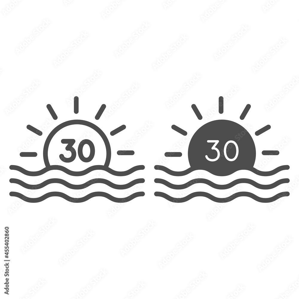 Sun with number 30 and sea sunrise line and solid icon, love and relationship concept, thirty vector sign on white background, outline style icon for mobile concept and web design. Vector graphics. Sun with number 30 and sea sunrise line and solid icon, love and relationship concept, thirty vector sign on white background, outline style icon for mobile concept and web design. Vector graphics.