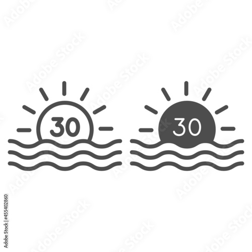 Sun with number 30 and sea sunrise line and solid icon, love and relationship concept, thirty vector sign on white background, outline style icon for mobile concept and web design. Vector graphics.