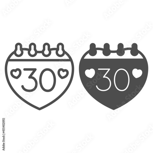 Calendar with number 30 and two hearts line and solid icon, anniversary concept, day thirty vector sign on white background, outline style icon for mobile concept and web design. Vector graphics.