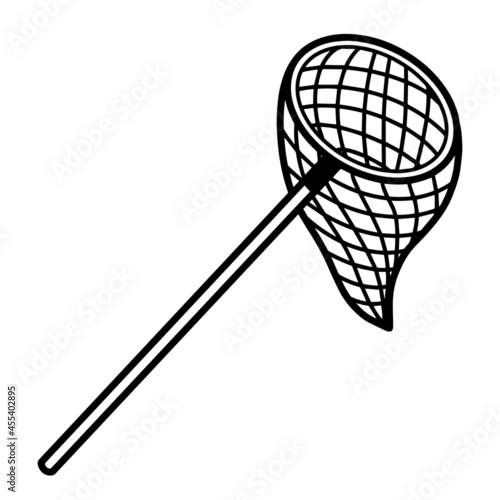Entomological landing net for catching insects. Hand-drawn monochrome doodle. Insectological equipment with a long handle and a net for catching butterflies. Sketch on a white background.