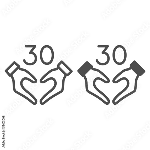 Hands in heart shape and number 30 line and solid icon, dating and relationship concept, thirty vector sign on white background, outline style icon for mobile concept and web design. Vector graphics.