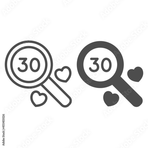 Number 30 under magnifying glass and two heart line and solid icon, anniversary concept, thirty vector sign on white background, outline style icon for mobile concept and web design. Vector graphics.