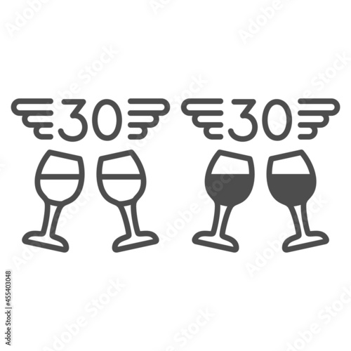 Two wine glasses and number 30 with wings line and solid icon, anniversary concept, thirty vector sign on white background, outline style icon for mobile concept and web design. Vector graphics.