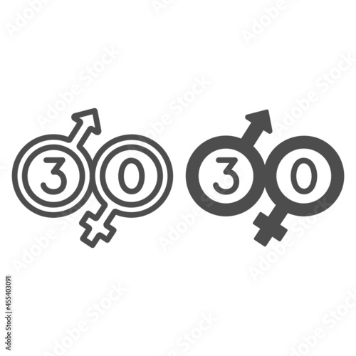 Male and female beginning with 30 line and solid icon, love and relationship concept, thirty vector sign on white background, outline style icon for mobile concept and web design. Vector graphics.