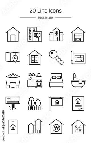 Thin line real estate icons set.