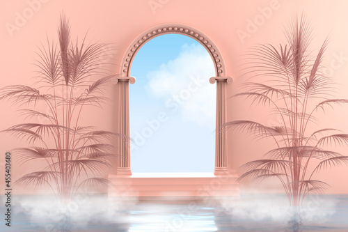 Abstract natural podium with water and clouds. A pedestal with an antique arch and a staircase in tropical nature near palm trees. 3D Render