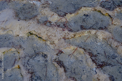 Pamukkale travertine texture. Wavy limestone textured deposits on terraces of carbonate minerals in Pamukkale, Turkey.