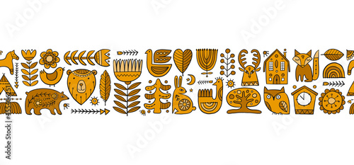 Card Design with Nordic Ornament. Forest Animals, Folk Background
