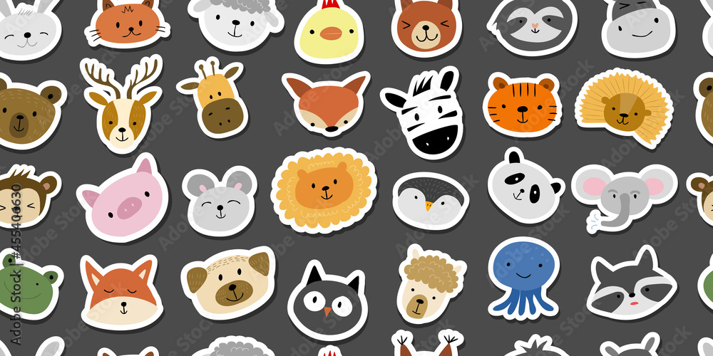 Fototapeta premium Animal Stickers Set. Childish Style. Seamless Pattern for your design