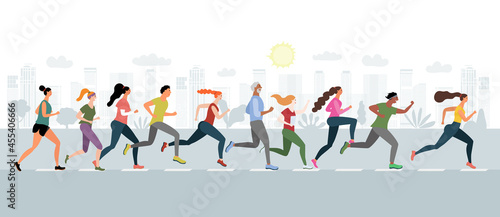 A group of athletic women and men running in the city