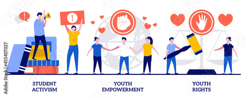 Student activism, youth empowerment, youth rights concept with tiny people. Social movement abstract vector illustration set. Age of majority, democracy building, take action abstract metaphor