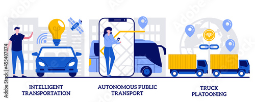 Intelligent transportation system, autonomous public transport, truck platooning concept with tiny people. Modern logistics vector illustration set. Smart traffic management, IoT metaphor
