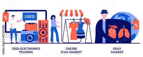 Used electronics trading, online flea market, gray market concept with tiny people. Cheap smartphone buying, laptop deals, computer low prices bargain abstract vector illustration set