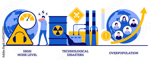 High noise level, technological disasters, overpopulation concept with tiny people. Environmental problems caused by human factor, negative impact on nature abstract vector illustration set