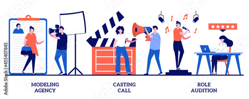 Modeling agency, casting call, role audition concept with tiny people. Fashion and movie industry vector illustration set. Commercial shootings, brand advertising, talent search, interview metaphor