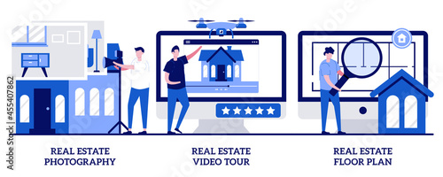 Real estate photography, video tour, floor plan concept with tiny people. Real estate listing services vector illustration set. Realty agency advertisement, open house, virtual staging metaphor