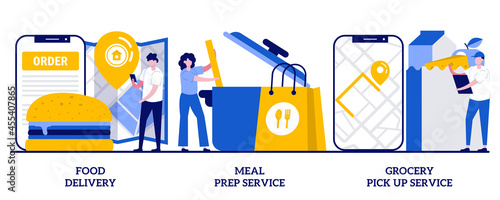 Food delivery, meal prep service, grocery pick up service concept with tiny people. Quarantine food essentials supply abstract vector illustration set. Product shipping metaphor