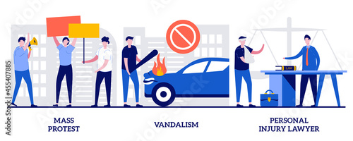 Mass protest, vandalism, personal injury lawyer concept with tiny people. Riots outrage vector illustration set. Demonstration, political rights, racial equity, law enforcement, damage metaphor