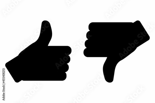 Black thumbs up and thumbs down icon. Social media flat emblem. Communication symbol. Vector illustration. Stock image.