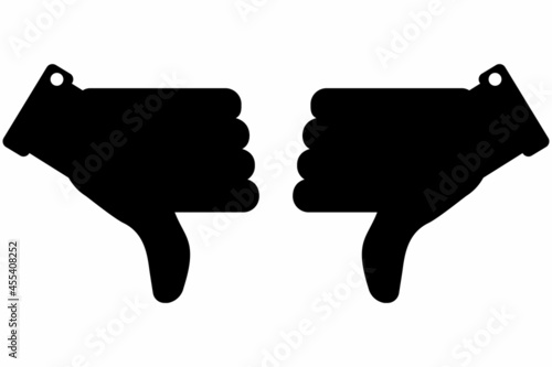 Right and left black thumbs down icon. Dislike symbol. Social media. Simple design. Vector illustration. Stock image. 