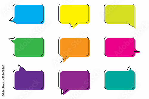 Color rectangle speech bubble icon set. Hand drawn chat talk bubble. Message symbol. Vector illustration. Stock image.