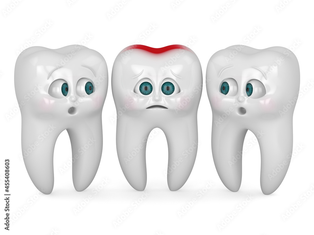 3D render of cartoon Mr Tooth feeling pain standing wiht friends 3D render of cartoon Mr Tooth feeling pain standing wiht friends