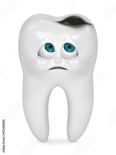 3D render of cartoon Mr Tooth worried about cavity over white background