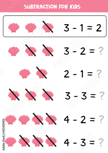 Subtraction with cute seashell. Educational math game for kids.
