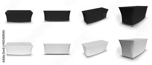 Table Cloth Fitted Exhibition advertising runner, cloth textured and stitched table cover. 3D render illustration, Black and White Isolated different angles