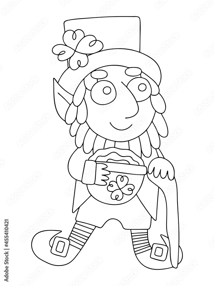 Hand-drawn cartoon leprechaun coloring page vector. Funny leprechaun linear illustration for traditional Irish festival Patrick day. Happy leprechaun with top hat. pot of gold and shillelagh