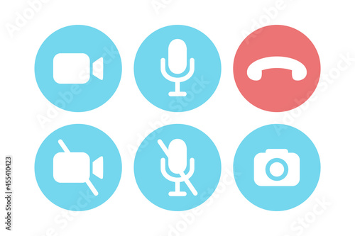 Virtual hangouts icons for conference call. Colored on and off video, sound, camera and call icons isolated on white background. Flat vector illustration