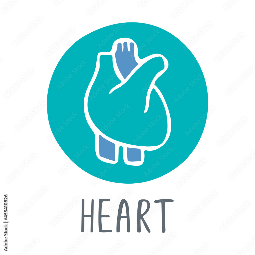 Human heart icon. Two-color symbol with handwritten title isolated on a white background. Vector flat hand drawn illustration