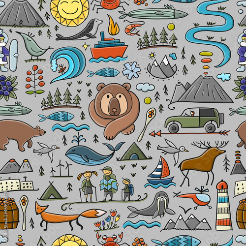 Travel to Peninsula Kamchatka. Eurasia, Russian Far East. Wild Nature and Animals. Seamless Pattern