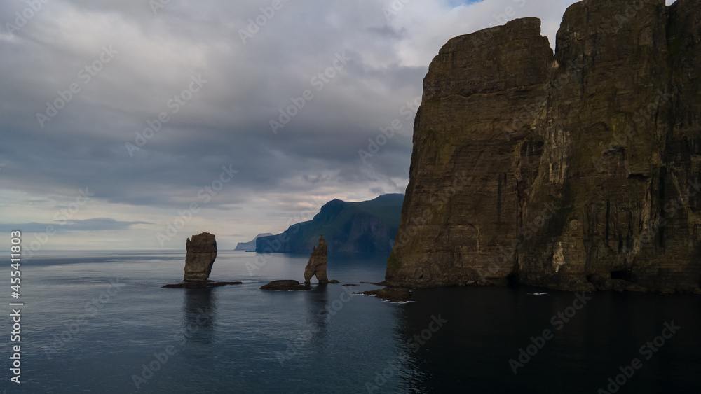 Beautiful aerial view of Risin and Kellingin, the giant and the witch view from Tjornuvik in the Faroe Island