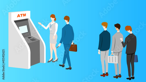 ATM queue and female advisor.